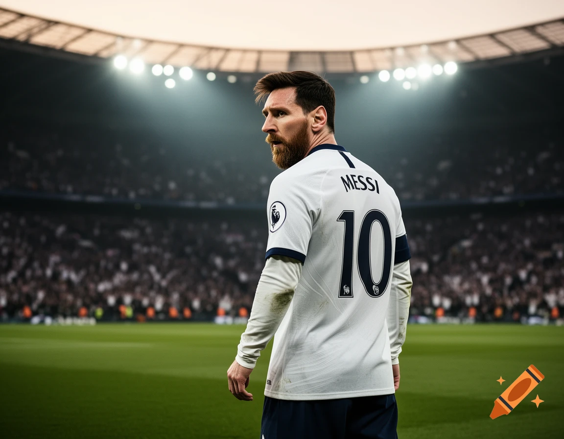Lionel Messi in a white number 10 soccer jersey, looking back on a stadium field, photorealistic.