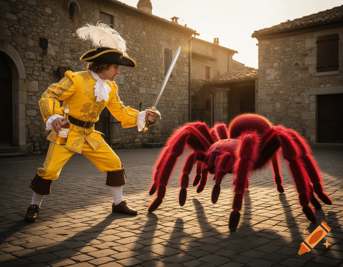 A musketeer in a yellow suit and feathered hat, holding a sword and a bottle, confronts a giant red tarantula in a stone courtyard.