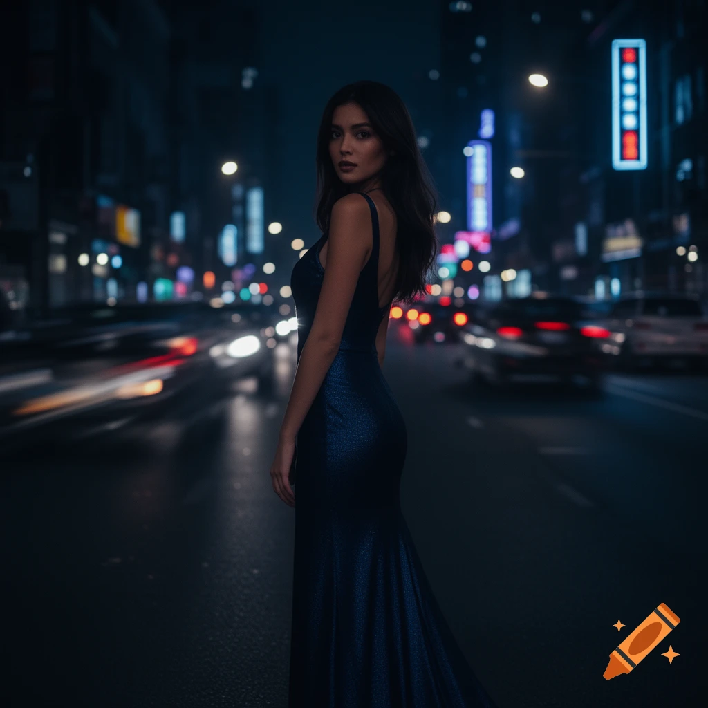 A woman in a dark blue dress stands on a city street at night, with blurred car lights and neon signs in the background.