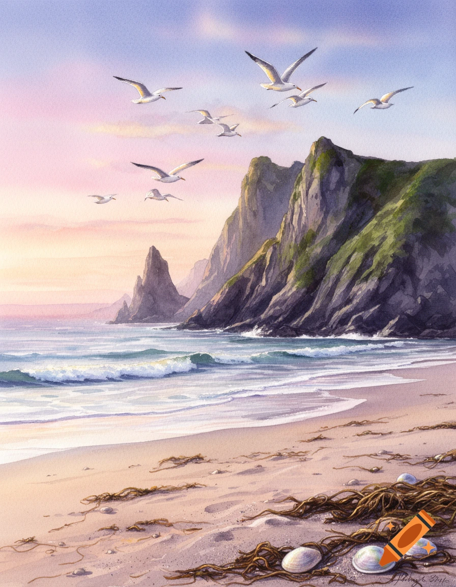 Watercolor painting of seagulls flying over a sandy beach with cliffs and gentle waves under a pink and blue sky at sunset.