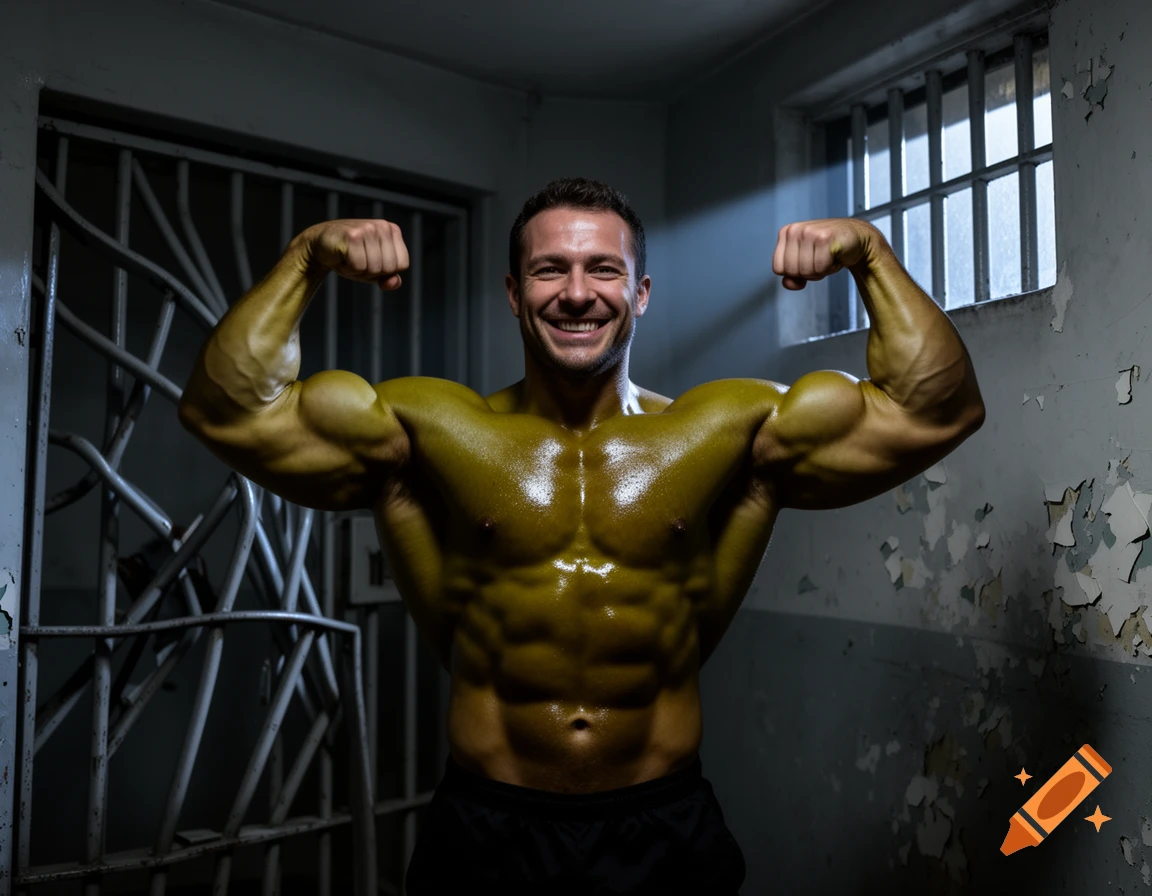 A muscular man with yellow-green skin flexes his biceps in a dim prison cell with bent and broken bars. He is smiling brightly.