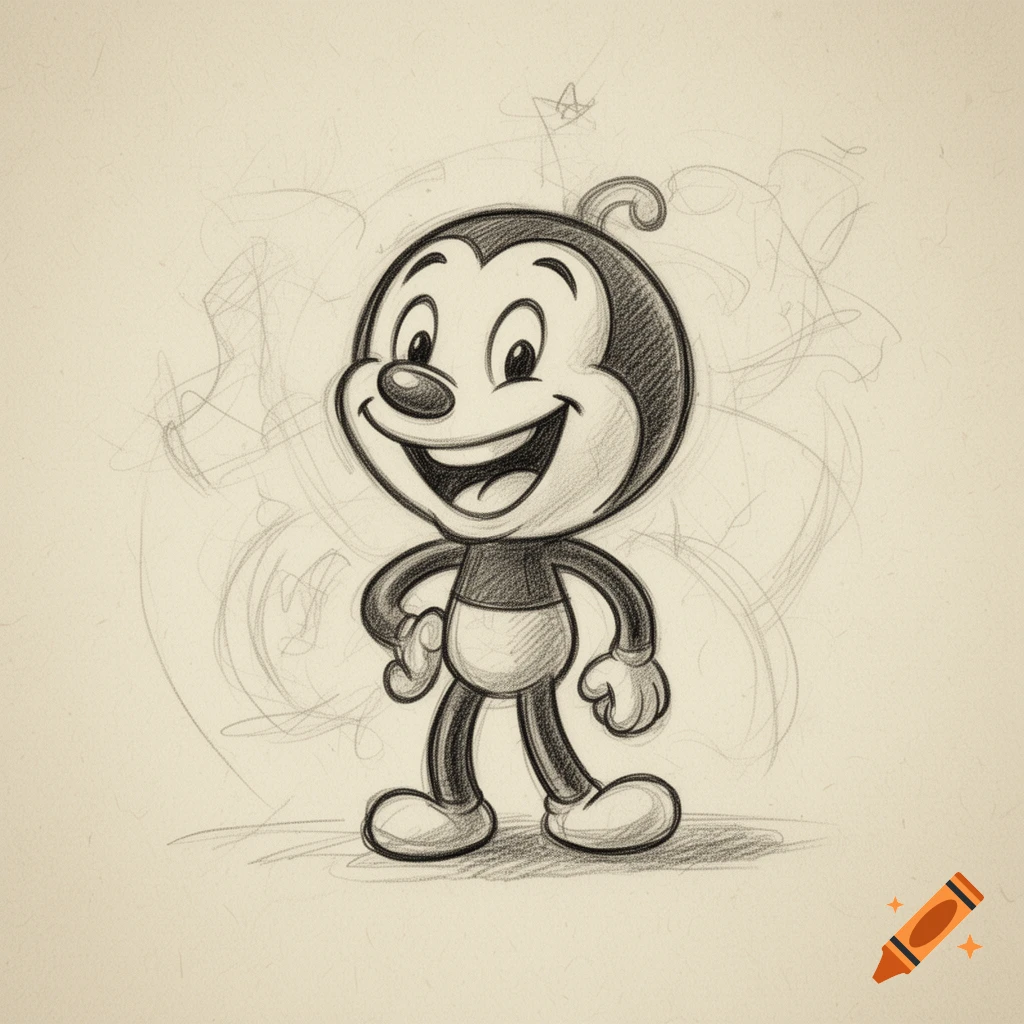 A hand-drawn pencil sketch of a smiling, classic rubber hose cartoon character on textured paper.