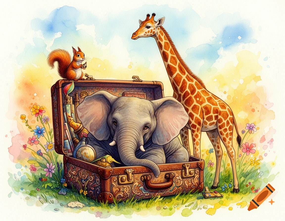 Whimsical watercolor illustration of a baby elephant in a vintage suitcase, a giraffe, and a squirrel in a colorful, flowery landscape.