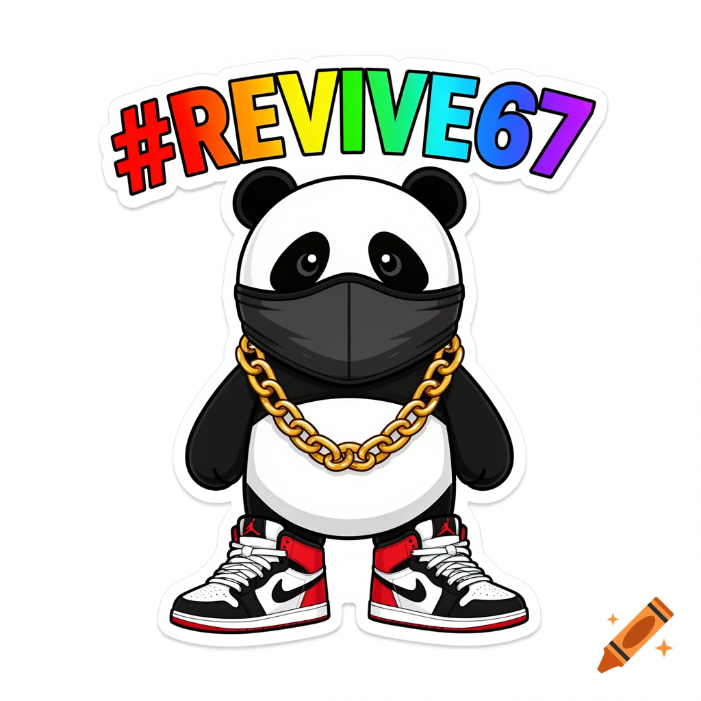 A cartoon panda wearing a black face mask, gold chain, and red and black sneakers, with rainbow text '#REVIVE67' above its head.