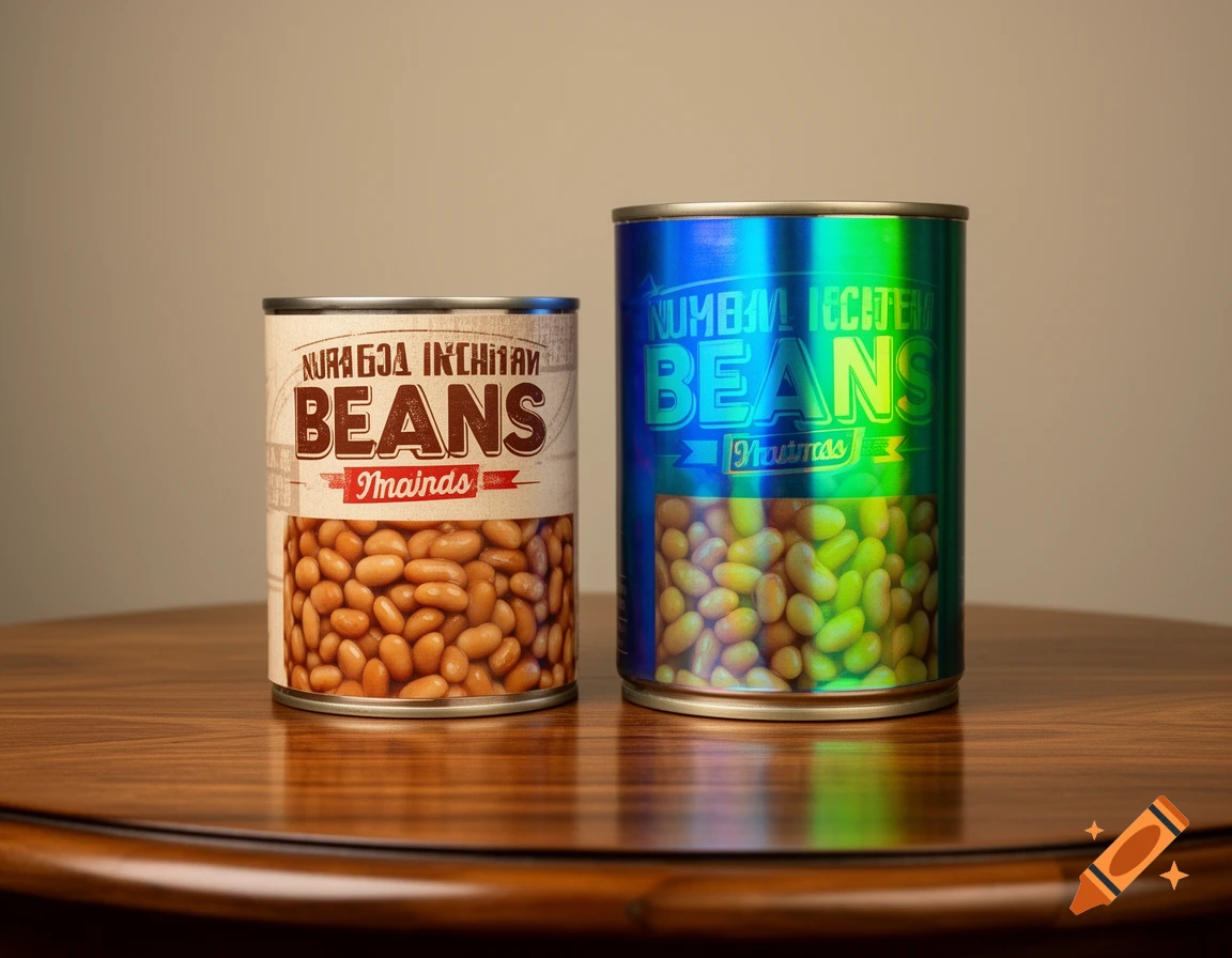 Two photorealistic cans of beans, one colorful and dynamic, the other plain, sit on a glossy wooden table.