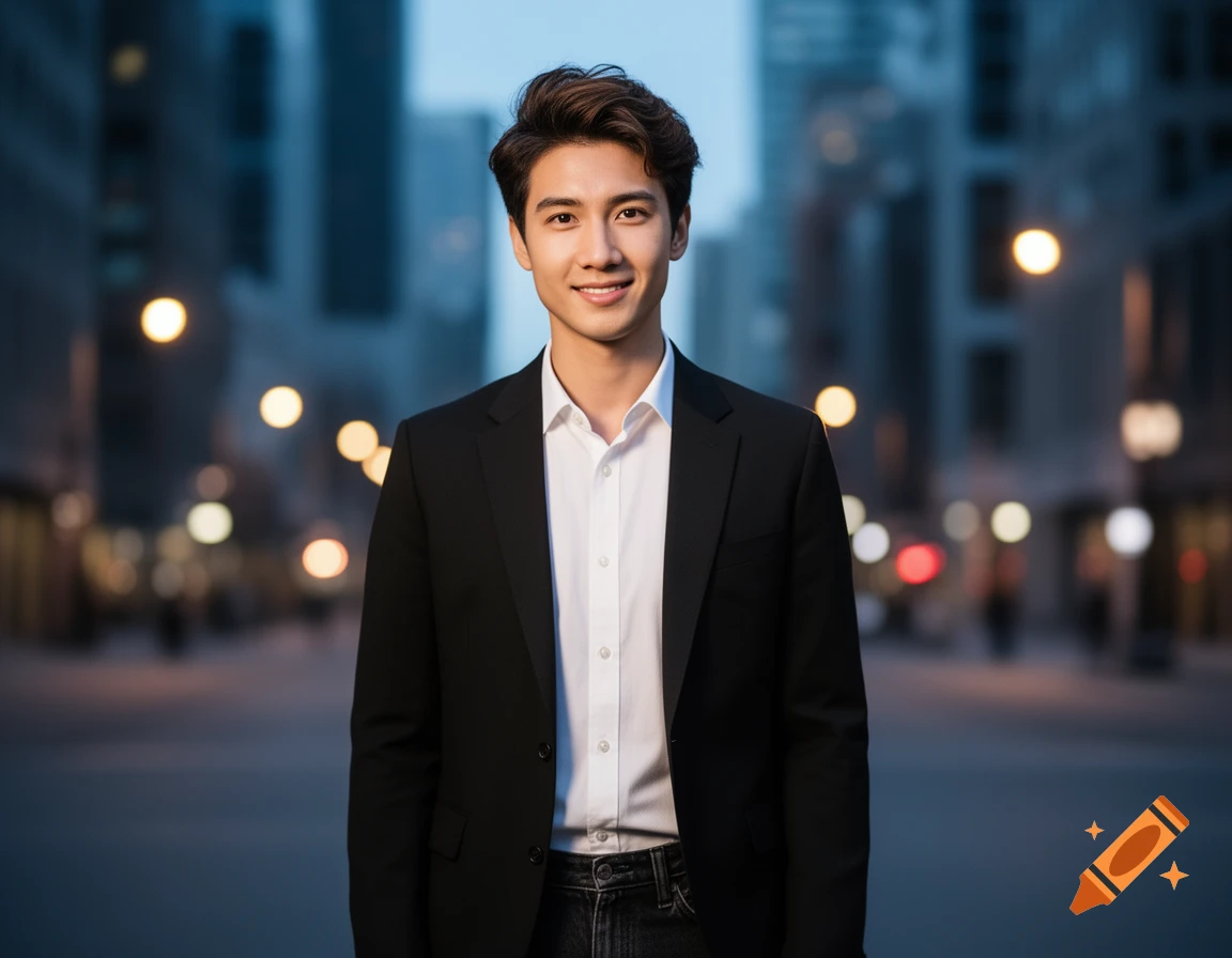 A photorealistic portrait of a smiling young man in a black suit jacket and white shirt, standing on a city street at dusk with blurred lights in the background.