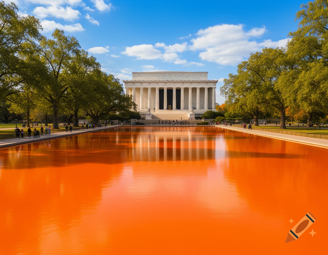 The Lincoln Memorial stands behind a vibrant orange reflecting pool under a blue sky, with trees and people on either side.