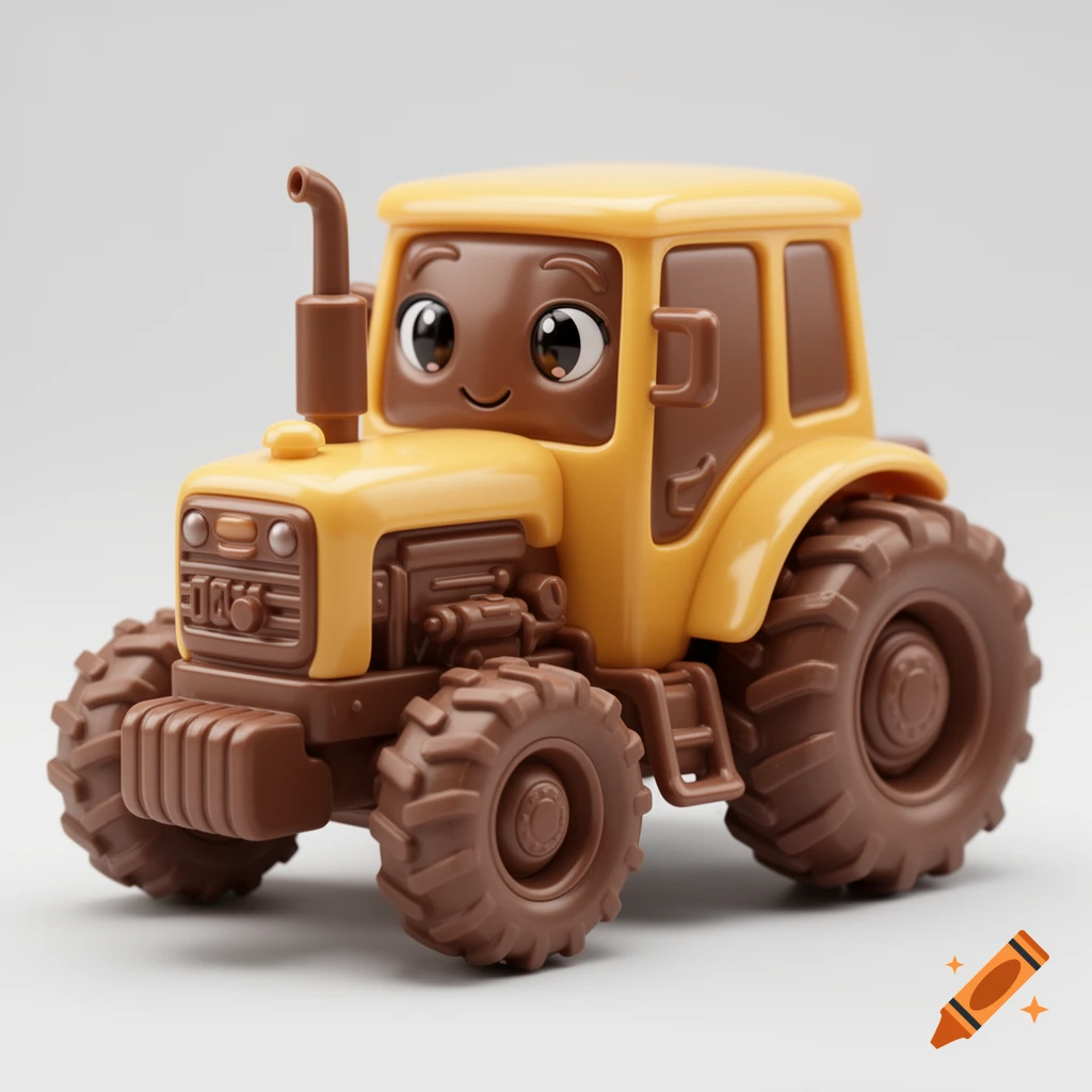 A cute, personified miniature tractor, honey-yellow with chocolate-brown wheels, in a Kawaii 3D digital art style.