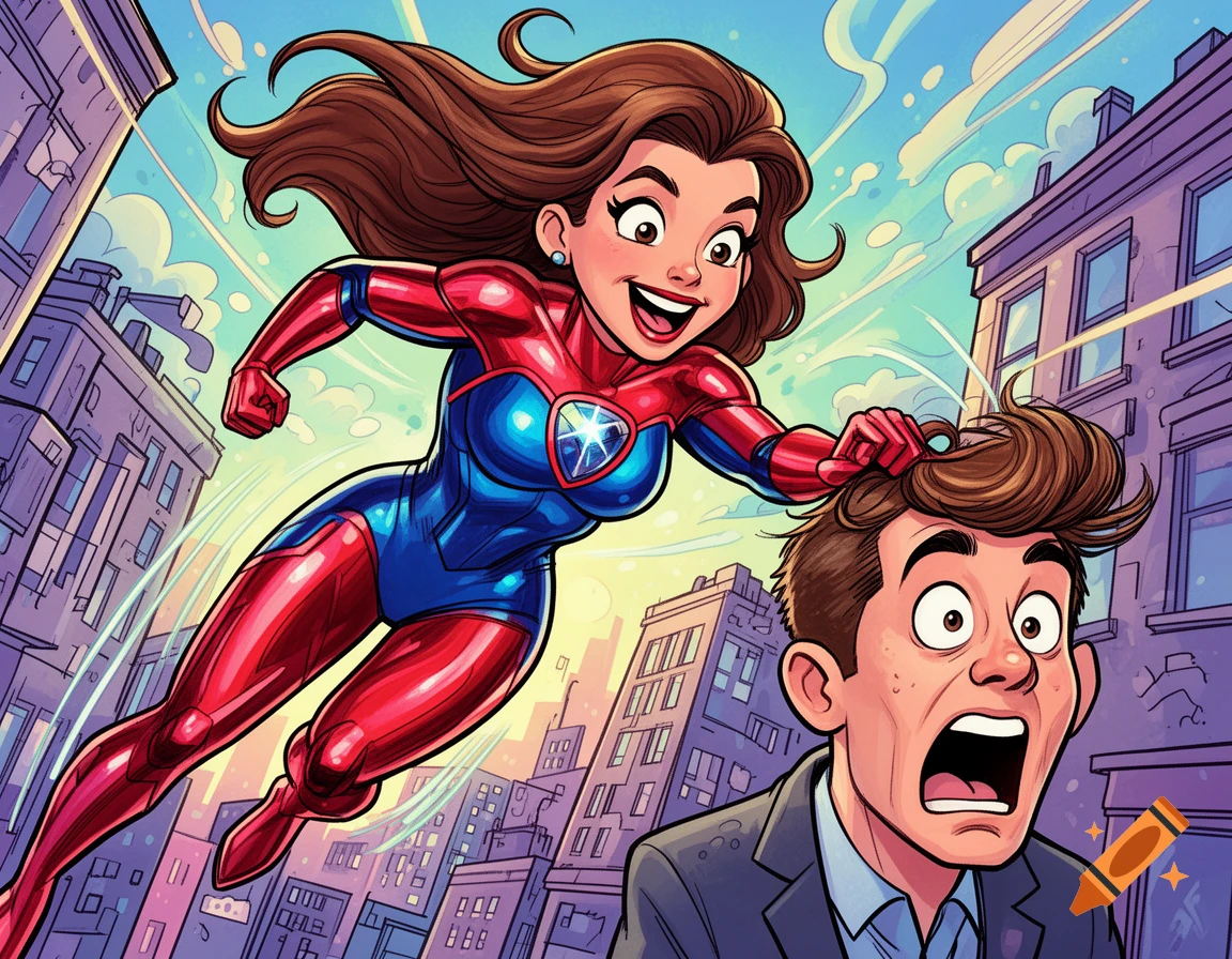 A cartoon of a brunette superhero flying and snatching a toupee off a startled man's head in a city.