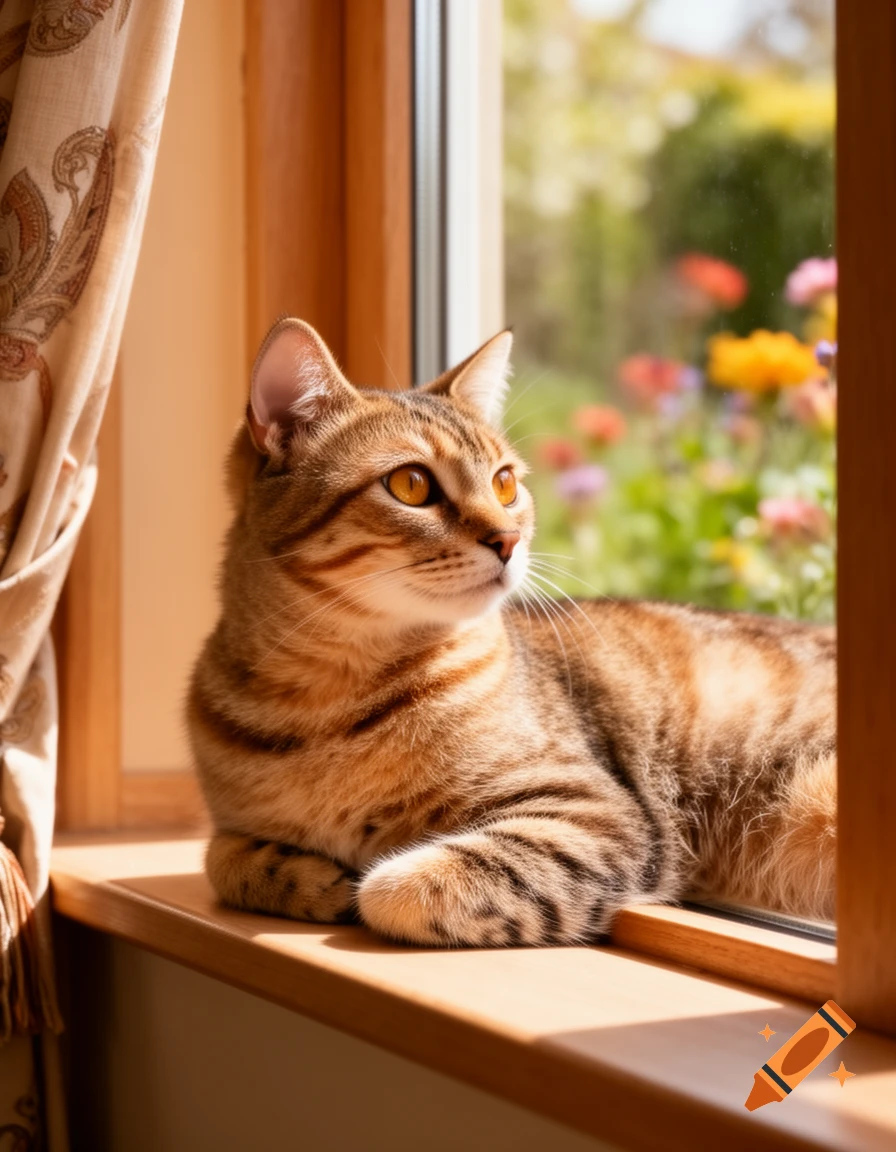 A domestic short-haired tabby cat with orange eyes rests on a sunlit wooden windowsill, looking out at a blurred garden with colorful flowers.