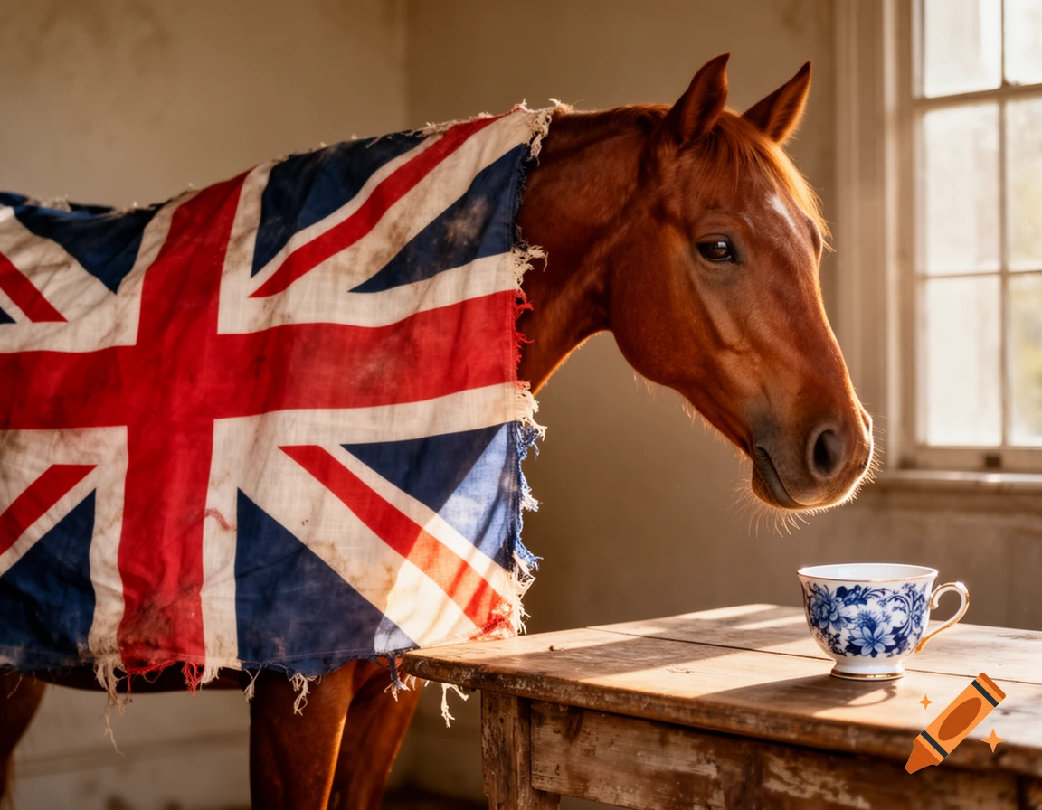 A brown horse draped in a tattered Union Jack flag, with a blue and white teacup on a wooden table near a window, photorealistic.