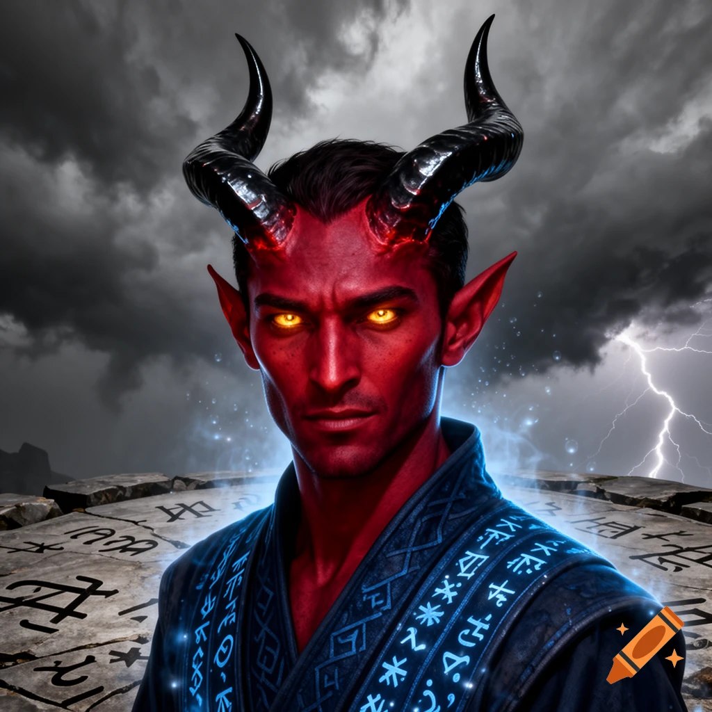 A red-skinned male fantasy sorcerer with glowing yellow eyes, black horns, and pointed ears, wearing a dark robe with glowing runes, stands before a stormy sky with lightning and runic stone ground.