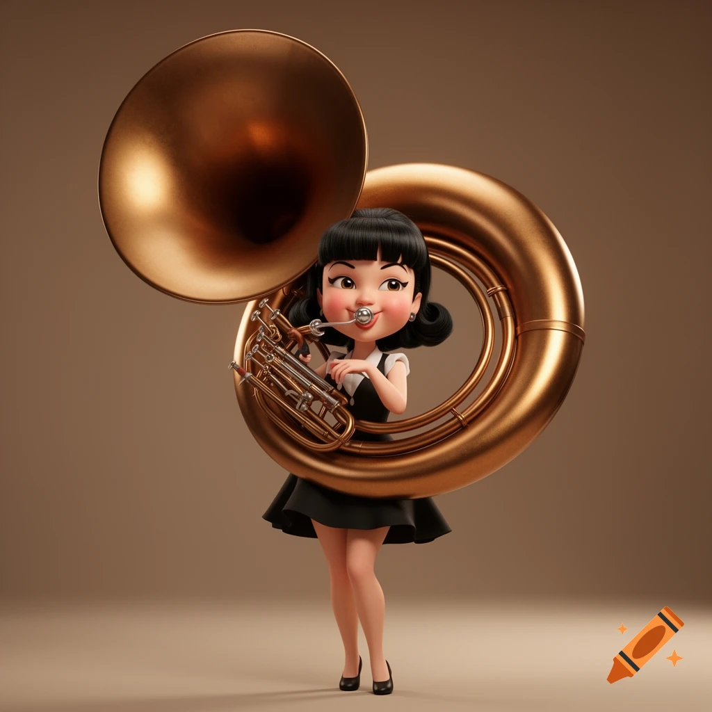 A stylized 3D cartoon girl with black hair and a black dress plays a large golden sousaphone on a brown background.