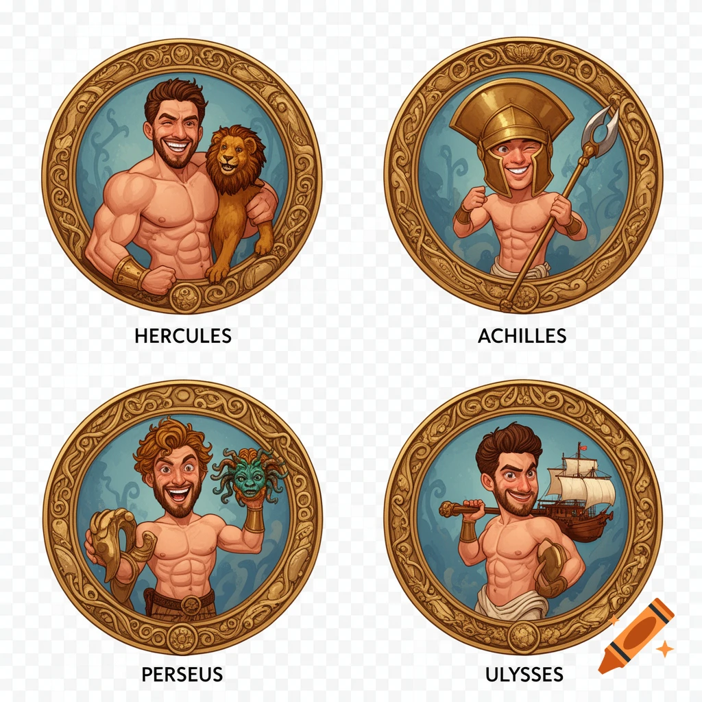 Four cartoonish medallions depicting muscular Greek mythological heroes: Hercules with a lion, Achilles with a spear, Perseus holding Medusa's head, and Ulysses with a ship.