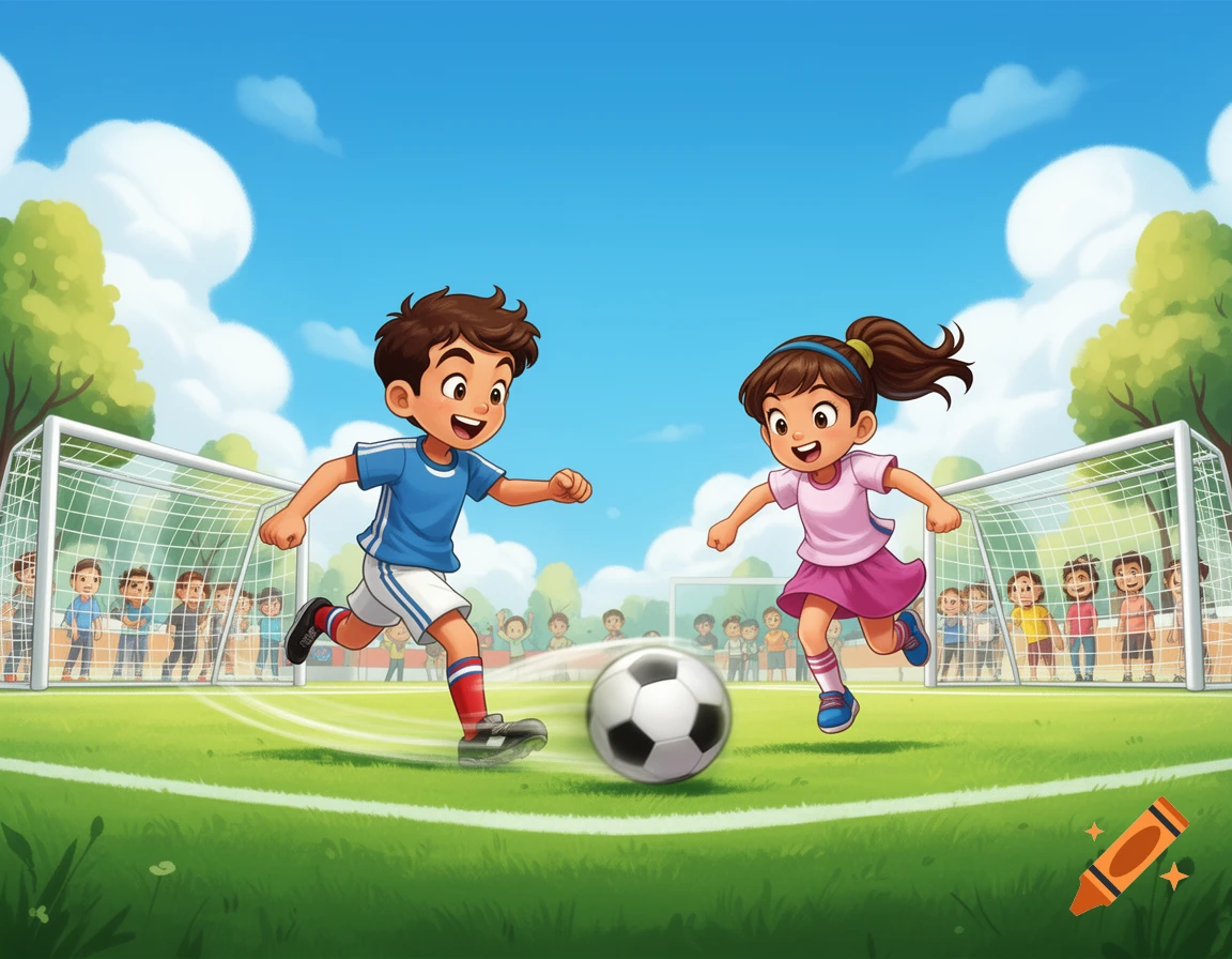 A cartoon boy and girl play soccer on a green field with goal nets and blurred spectators in the background.