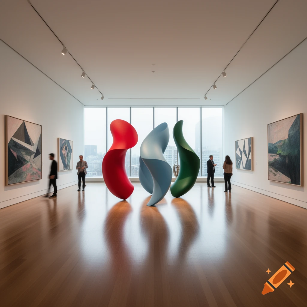 A spacious, modern art gallery with a polished wooden floor features three colorful, abstract sculptures (red, blue, green) and abstract paintings.