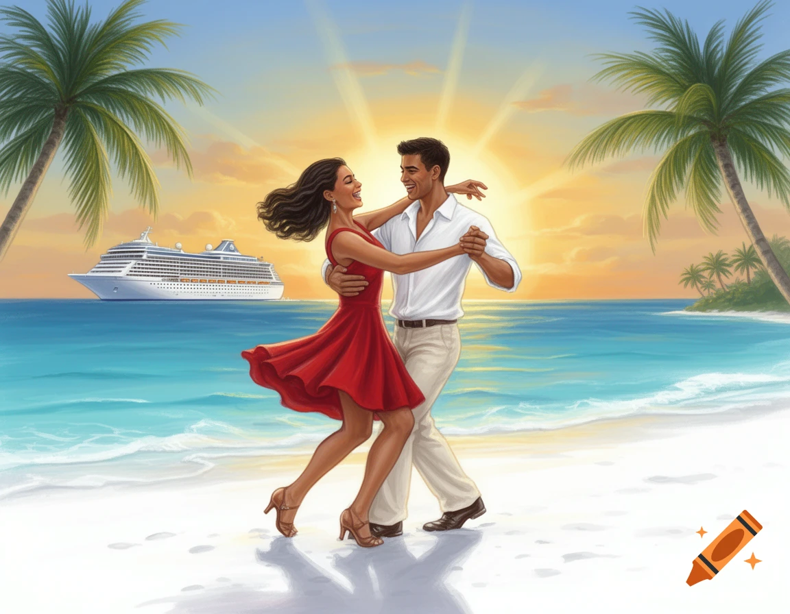 A vibrant illustration of a young couple salsa dancing on a white sand beach at sunset, with a large cruise ship in the turquoise ocean.