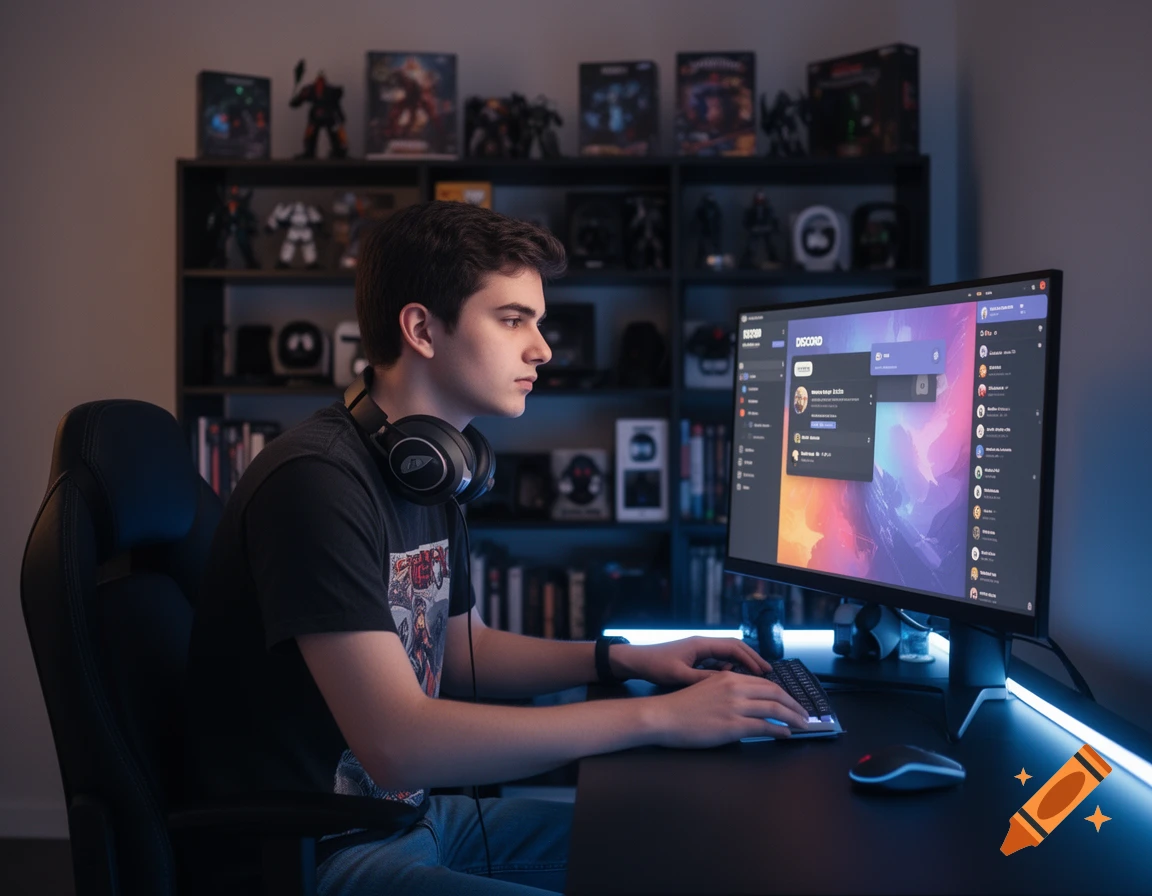 Young man wearing headphones sits at a computer displaying Discord, in a dimly lit room with shelves of collectibles.