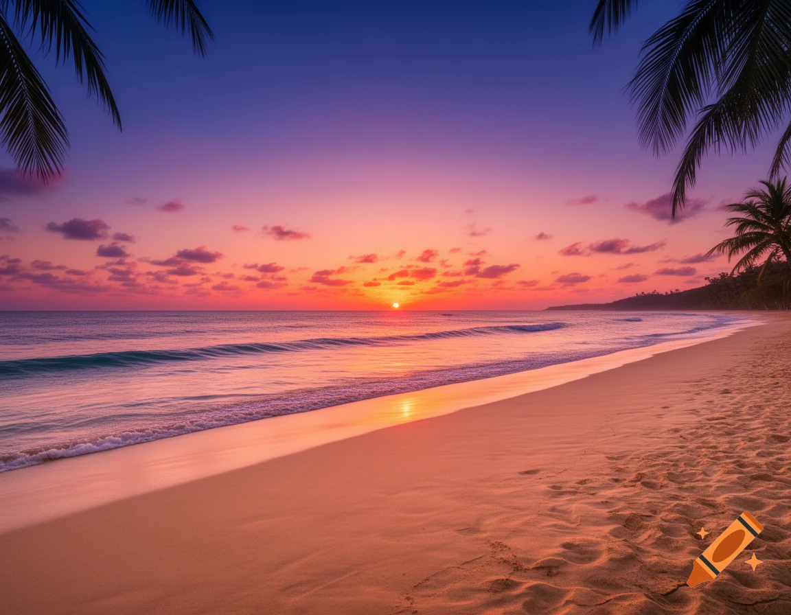 Photorealistic sunset over a tropical beach with vibrant orange and purple sky, gentle waves, and palm fronds.