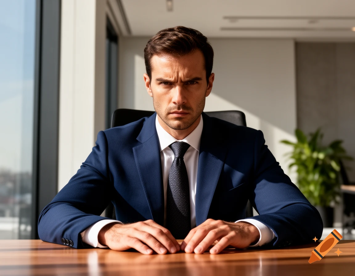 A man in a blue suit sits at an office desk, looking directly at the viewer with a stern expression.