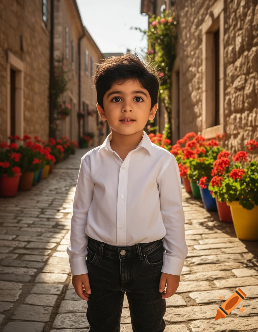 A young boy in a white shirt stands in a sunlit cobblestone alley lined with stone buildings and red flowers.