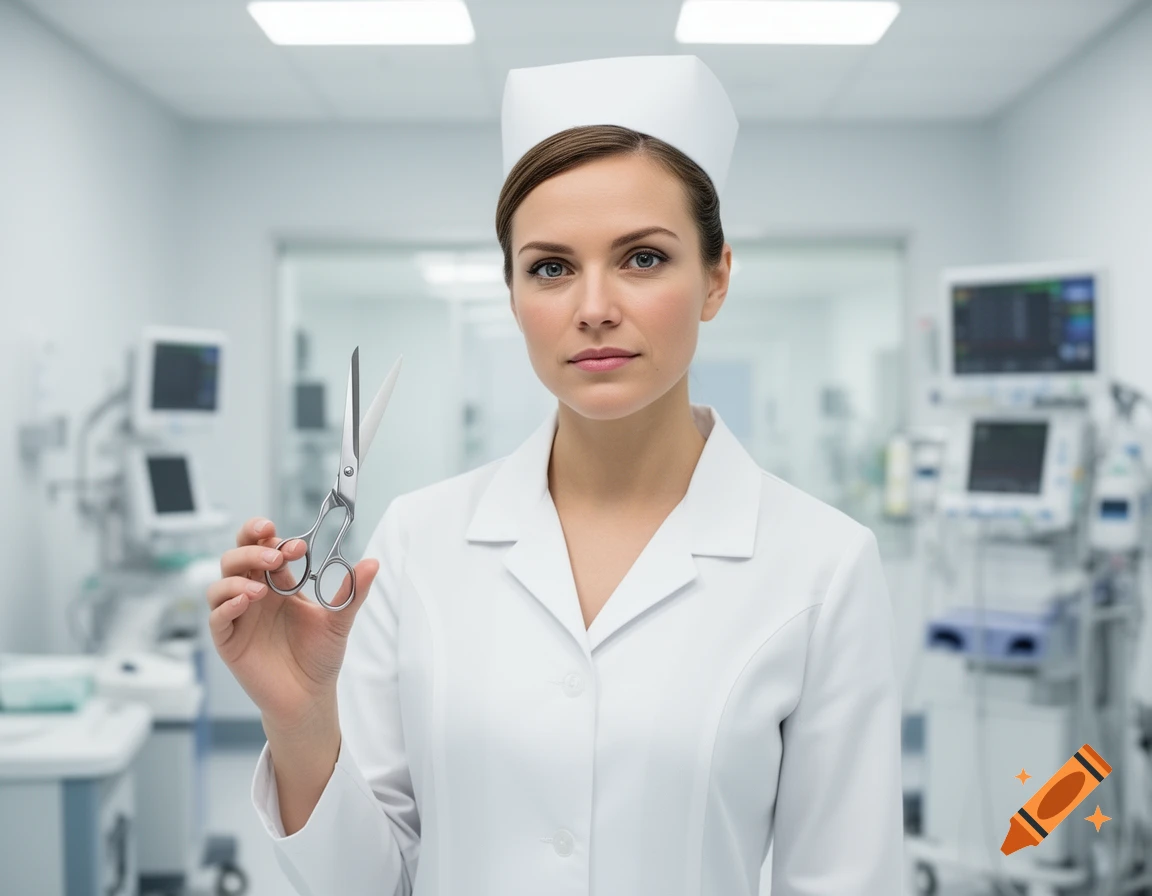 A serious-looking nurse in a white uniform and cap holds scissors in a hospital room.