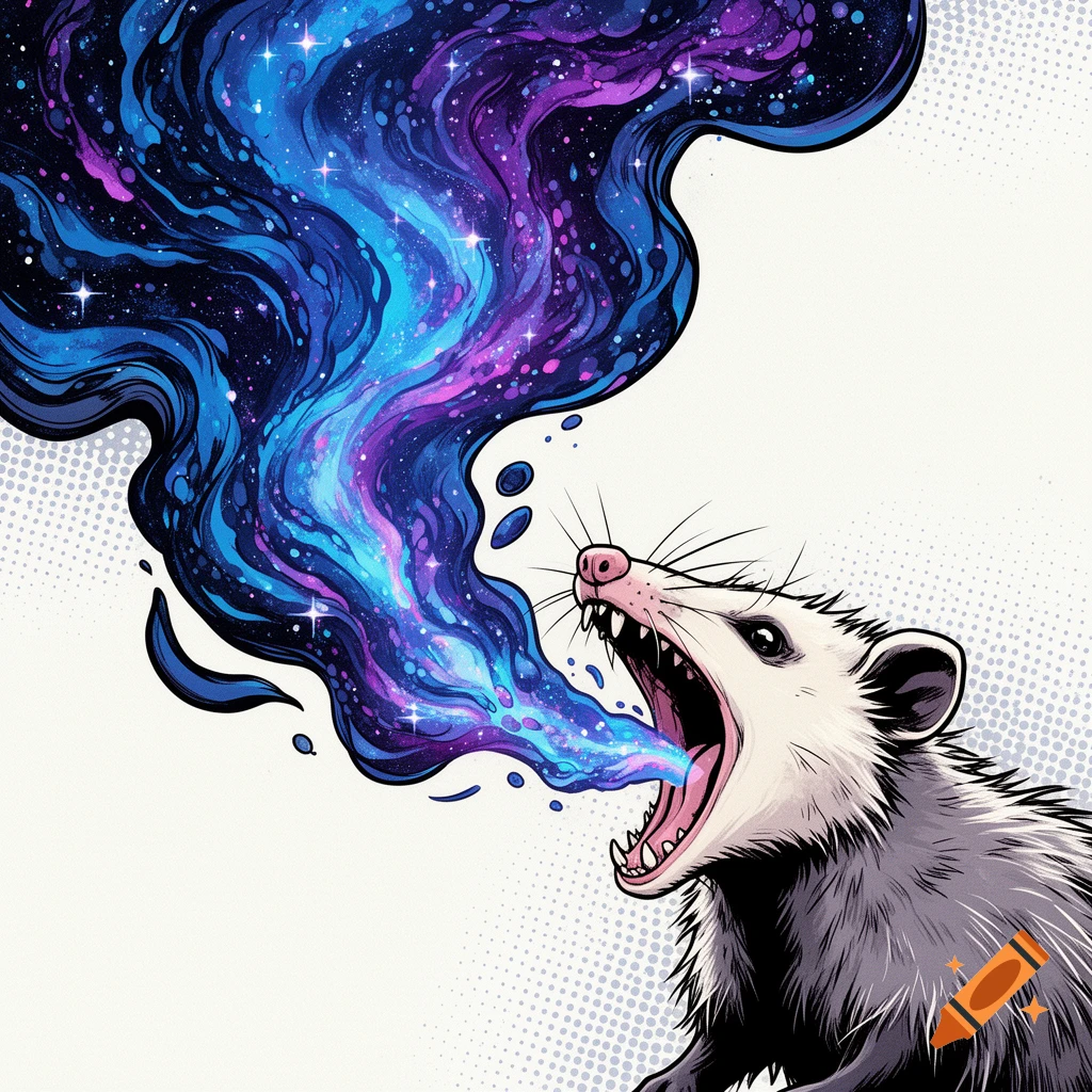 A comic book style illustration of an opossum screaming with a galaxy of blue and purple cosmic dust flowing from its mouth.