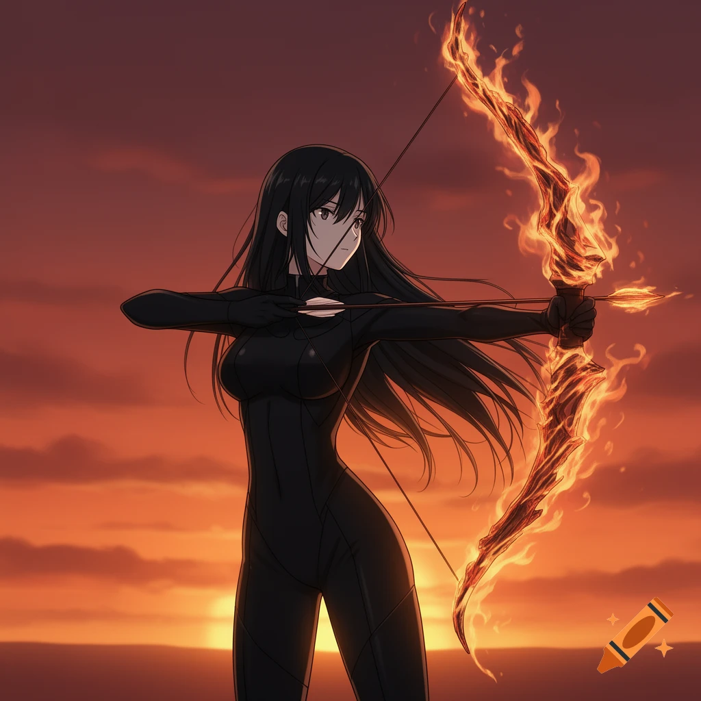 Anime woman with long black hair, drawing a flaming bow against a vibrant sunset.