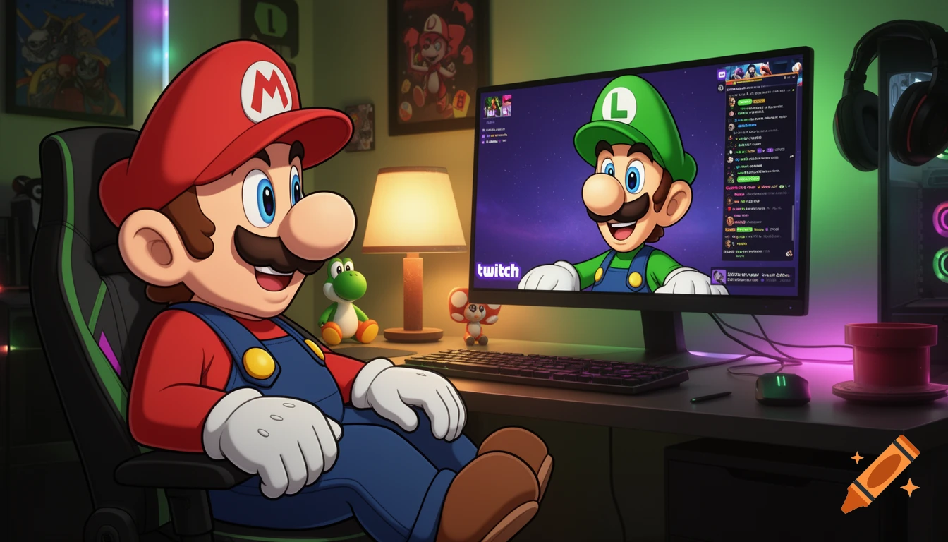 Mario sits at a gaming desk in an illustration style, watching Luigi stream on a monitor displaying the Twitch logo and chat.