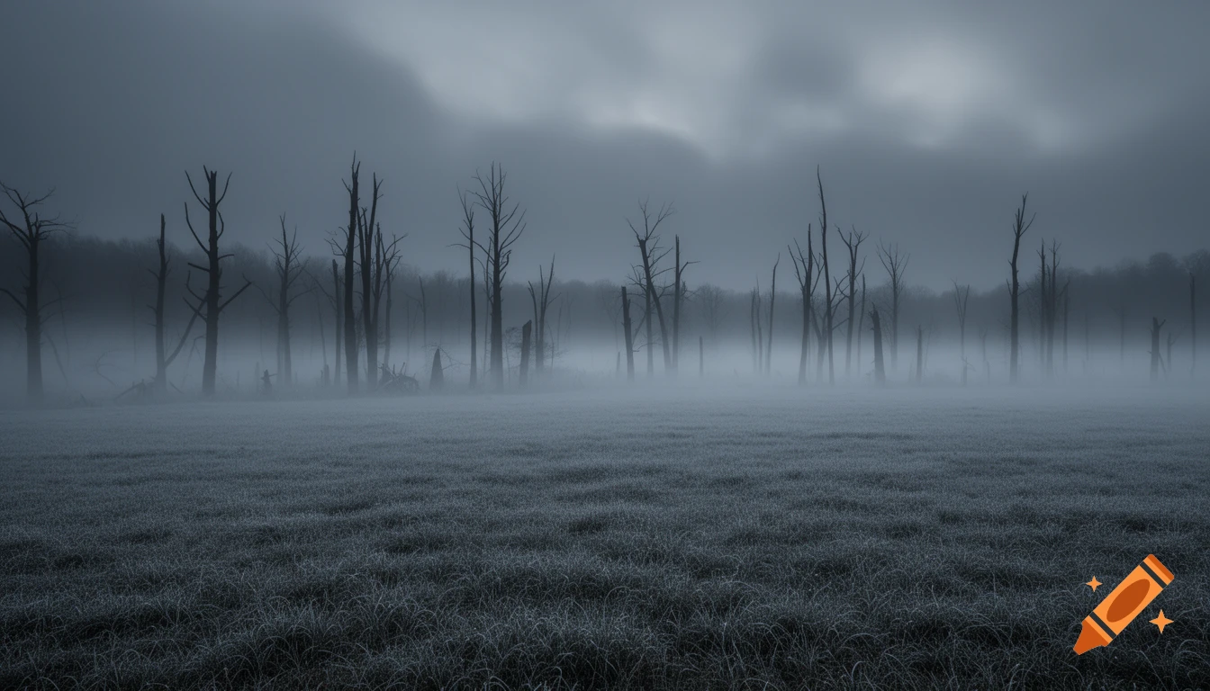 A dark, misty landscape features a field of gray grass and silhouetted black dead trees under a gloomy sky. Photorealistic.