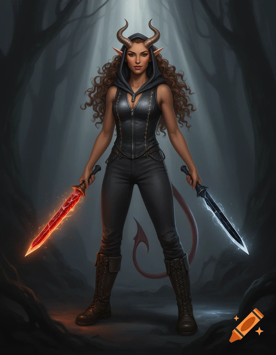 Full-body fantasy concept art of a female elf rebel with horns and a tail, holding a glowing red sword and a glowing blue sword in a dark forest.
