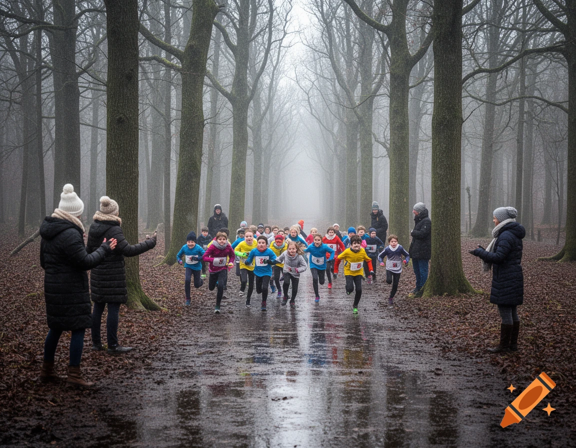 Children in colorful sportswear run a race through a misty winter forest, observed by adults.