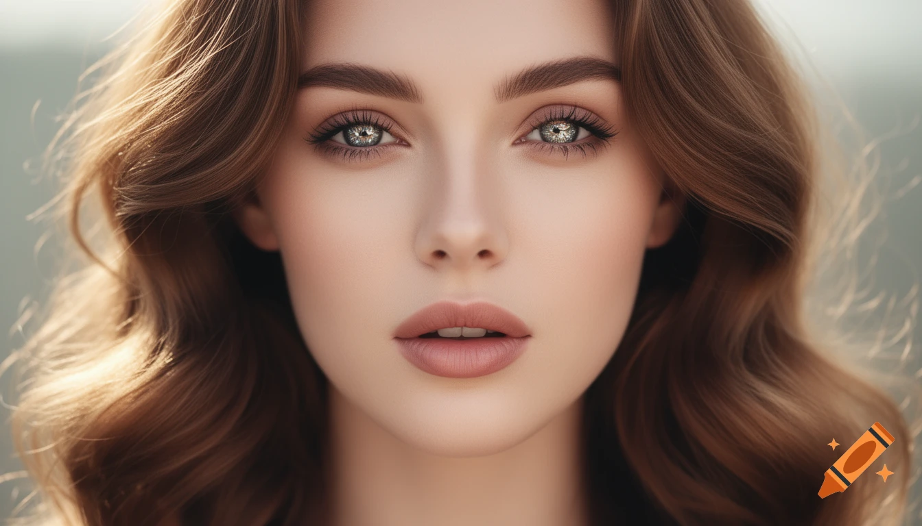 Close-up portrait of a young woman with mesmerizing eyes and flowing brown hair, looking directly at the viewer.