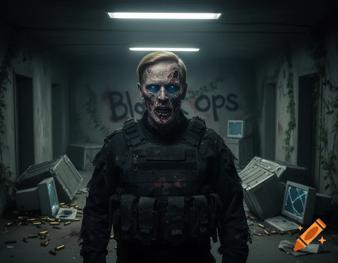 A menacing zombie in tactical military gear with glowing blue eyes stands in a dark, derelict room with graffiti and scattered debris.