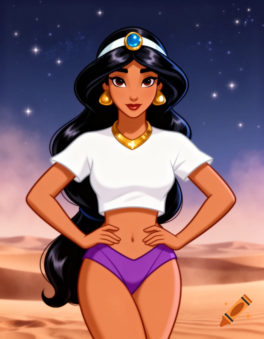 Cartoon Princess Jasmine in a white crop top and purple underwear, hands on hips, in a desert under a starry night.