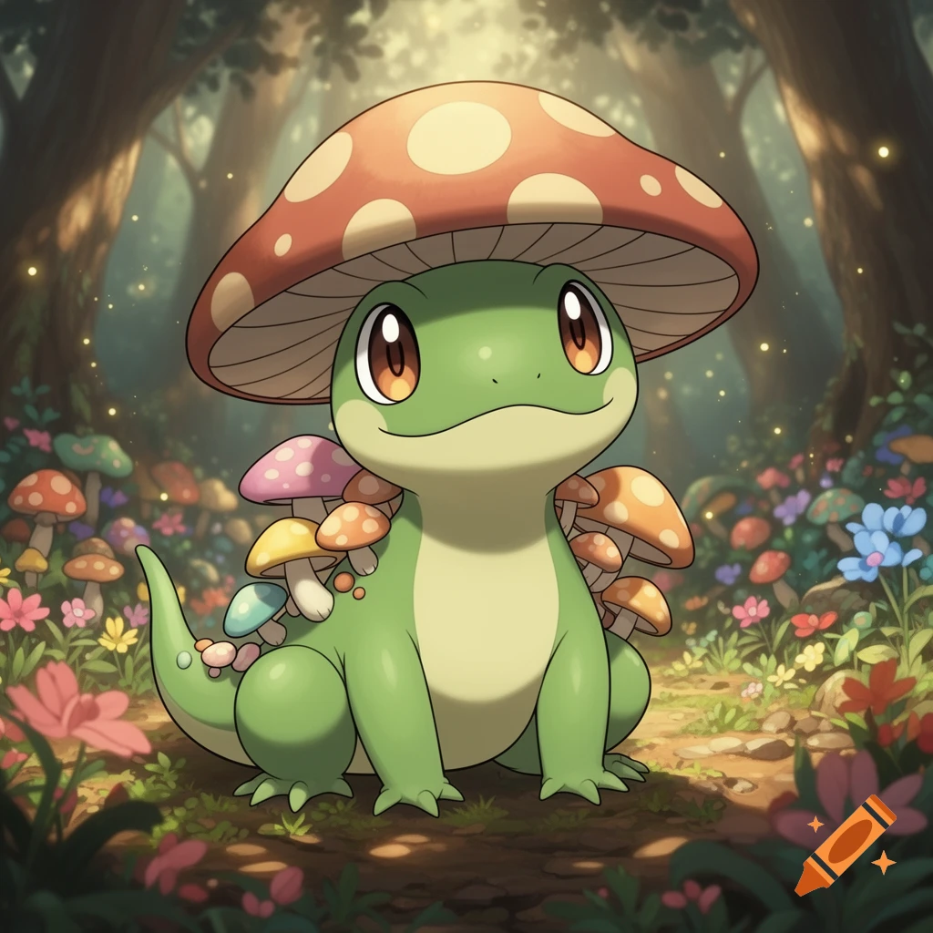 A cute green lizard with large eyes and a spotted mushroom cap on its head, surrounded by smaller mushrooms and flowers in an enchanted forest, cartoon style.