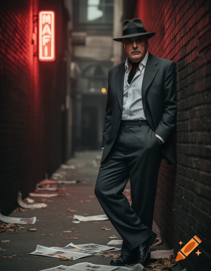 A serious man in a pinstripe suit and fedora leans against a brick wall in a dark alley under a red neon sign that reads "MAFI".