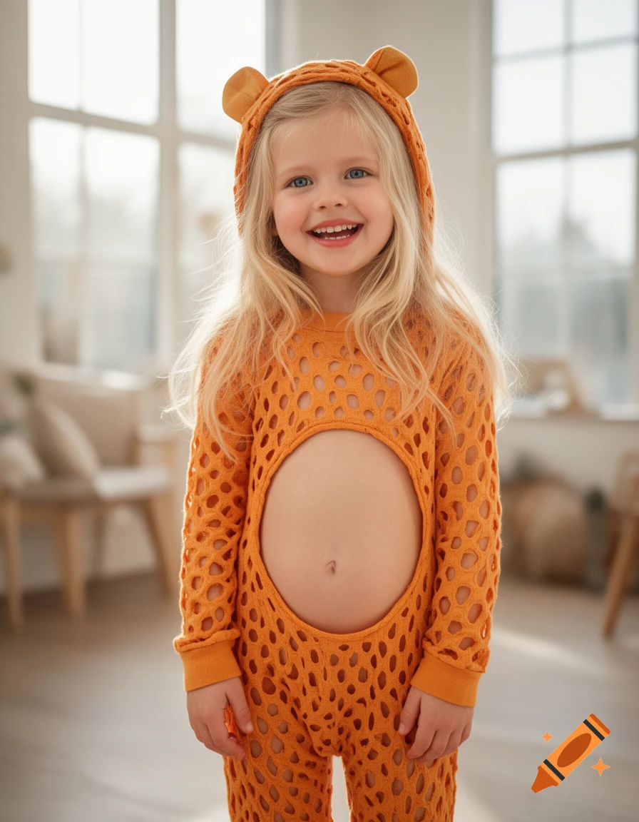 A happy little blonde girl with blue eyes smiles at the camera, wearing an orange open-knit lioness onesie that exposes her belly.