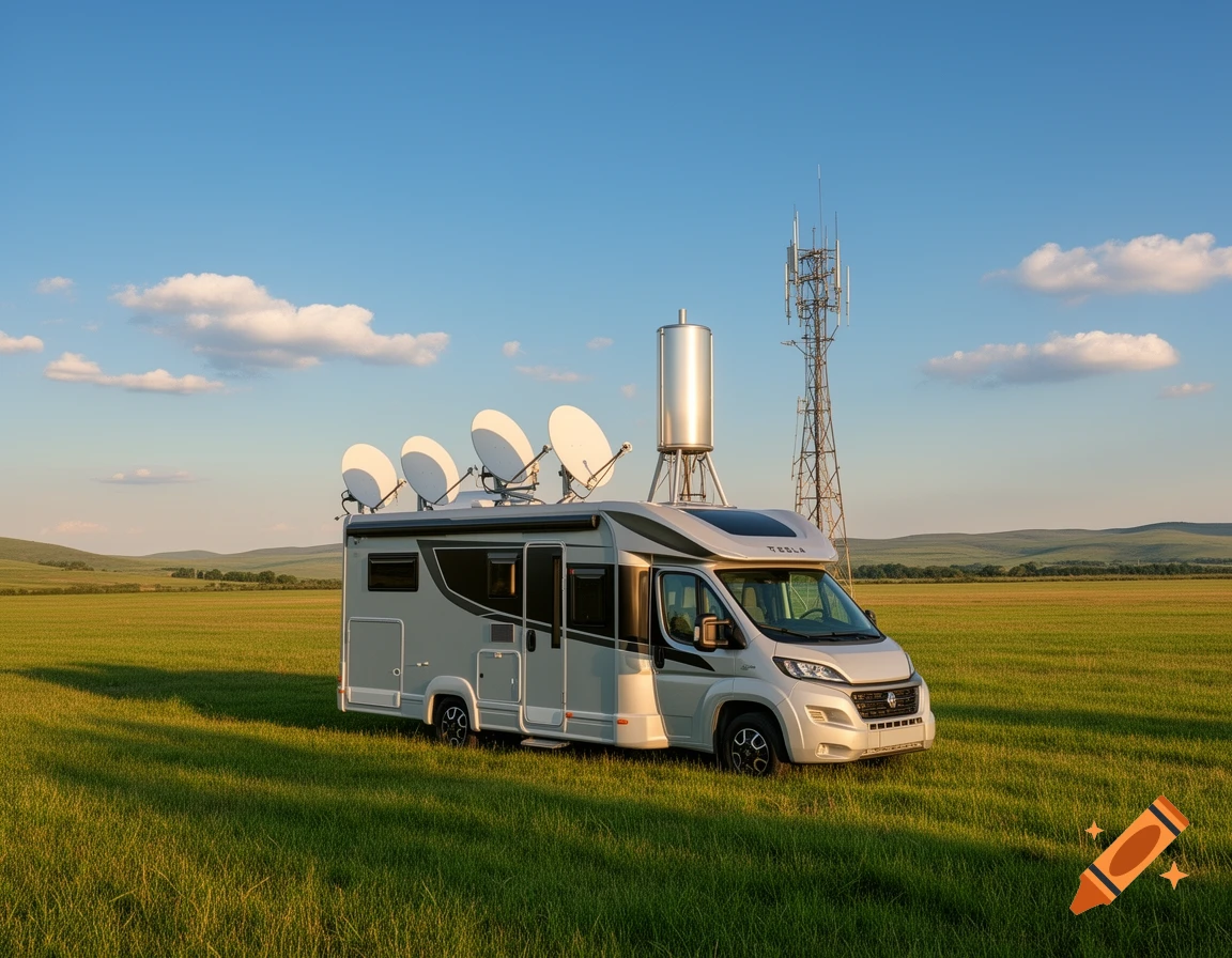A photorealistic camper van with multiple satellite dishes and a water tank on its roof, parked in a green field next to a cell tower under a blue sky.