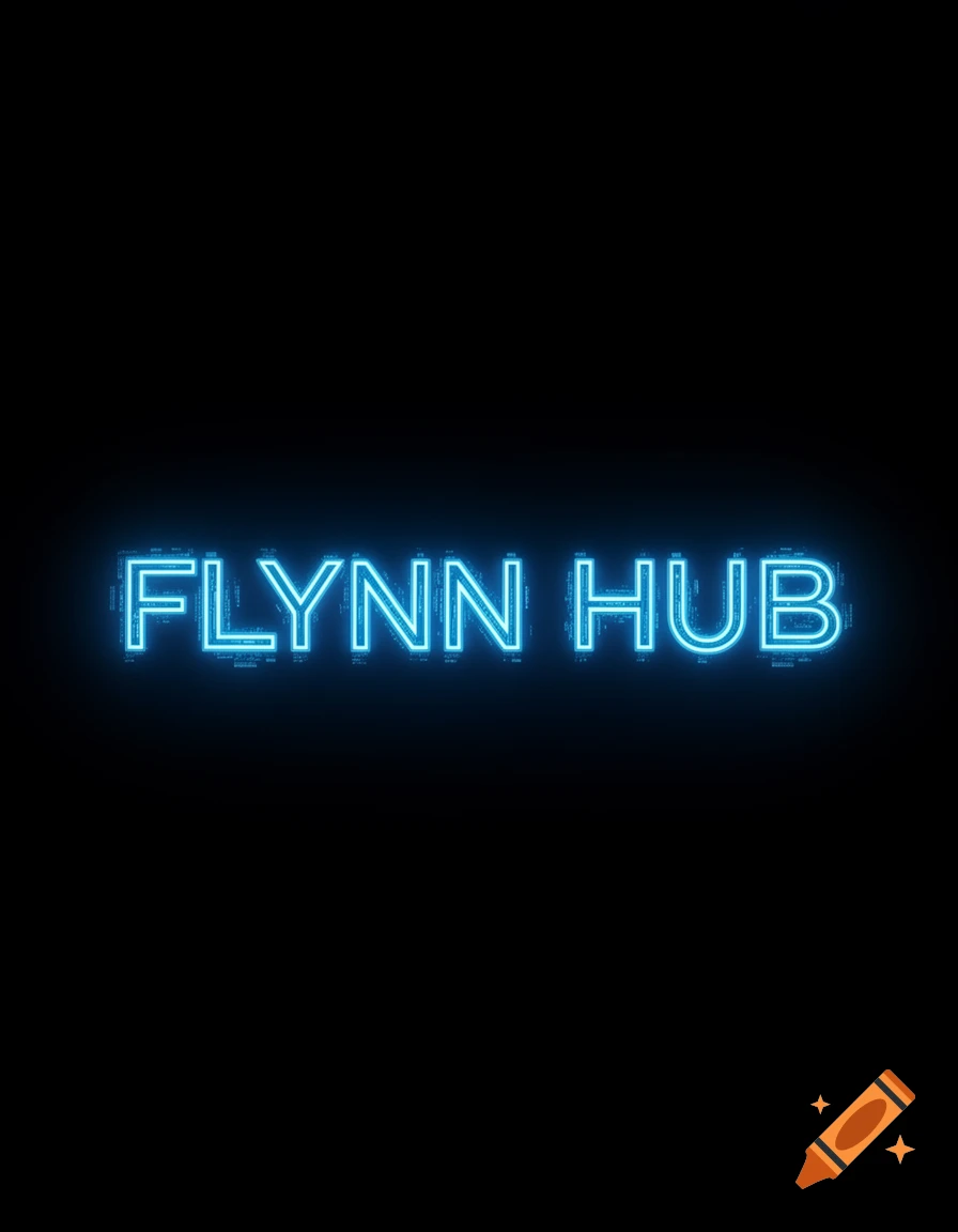 Blue neon text "FLYNN HUB" on a black background, with a digital, circuit-like texture within the letters.