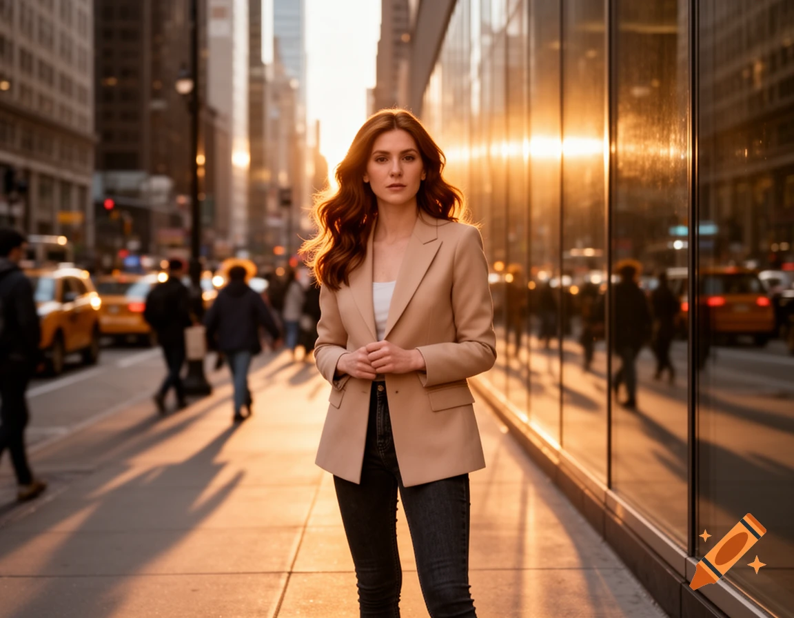 A woman with red hair in a beige blazer and jeans stands on a sunlit city street at sunset, looking at the camera. Photorealistic.