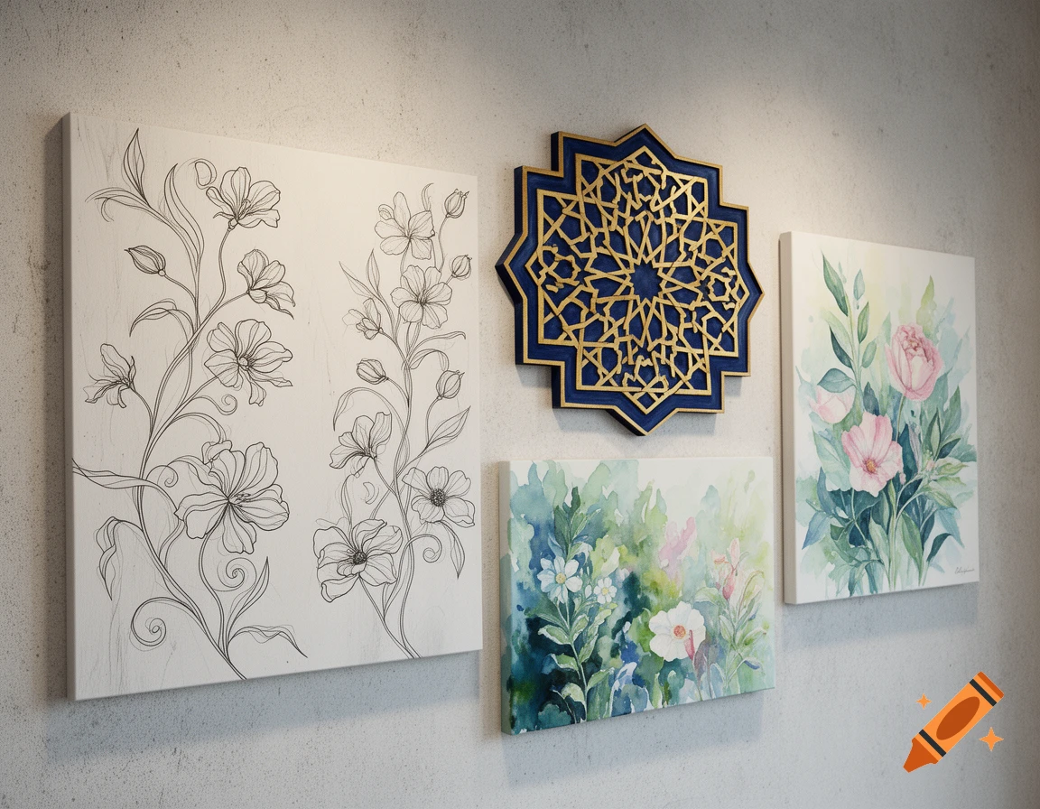 A wall adorned with a large black and white floral line art, a blue and gold geometric Islamic ornament, and two watercolor paintings of flowers.