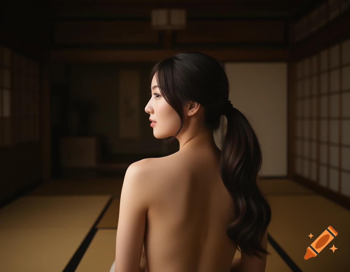 A young Japanese woman with a ponytail, bare-shouldered, looks left in a dimly lit traditional Japanese room.