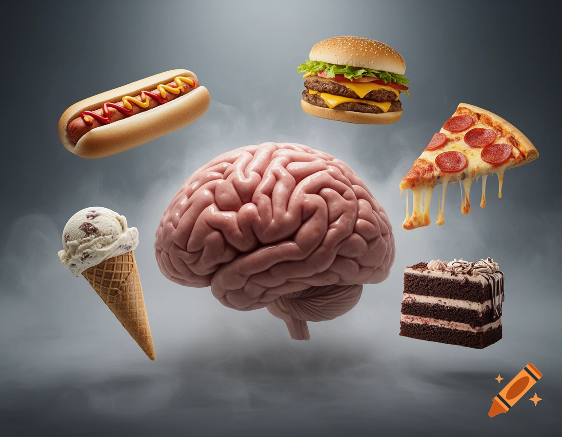 A human brain floats in a smoky grey space, surrounded by a hotdog, cheeseburger, ice cream cone, pizza slice, and chocolate cake.