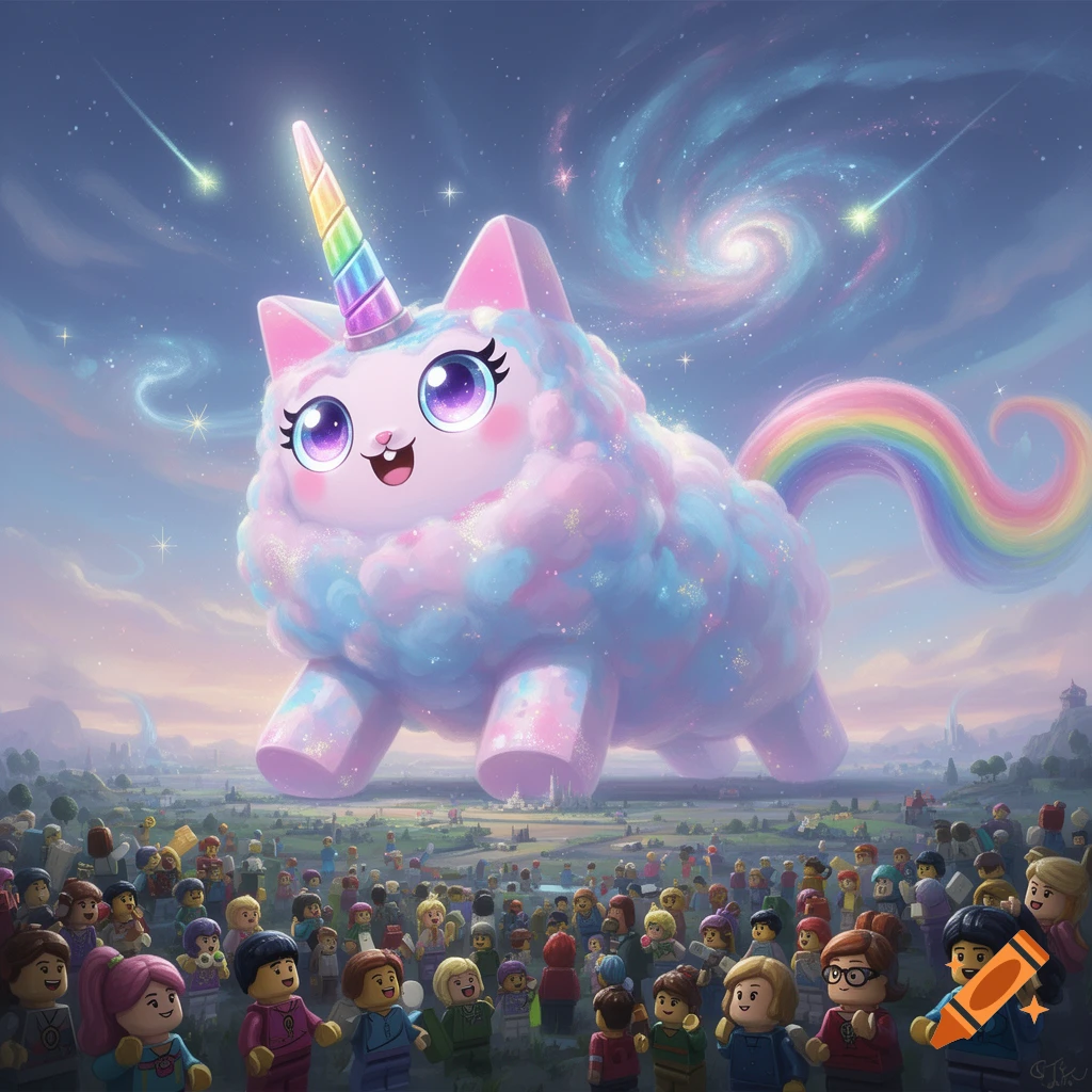 A giant, fluffy, pastel-colored Unikitty with a rainbow horn and tail floats over a crowd of Lego figures under a cosmic night sky.