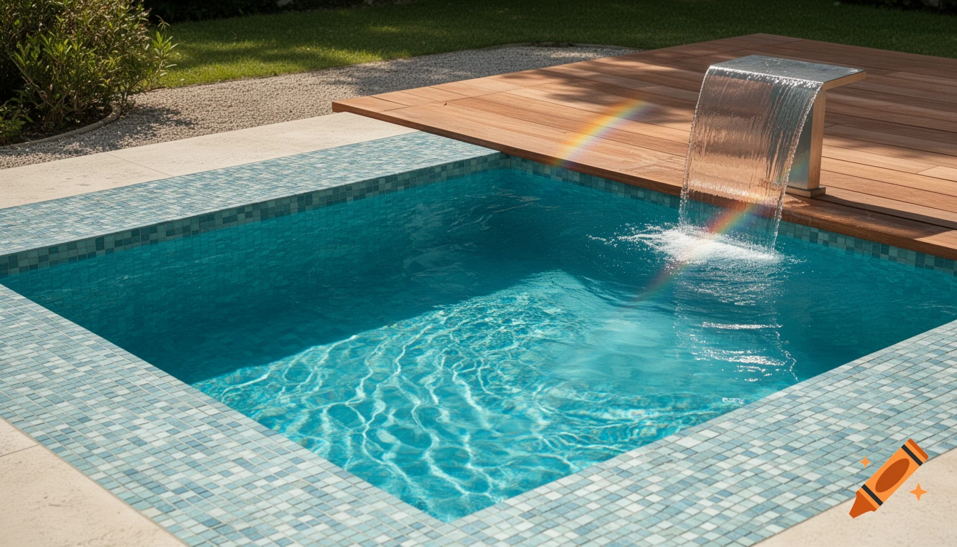 A small square swimming pool with blue tiles and clear turquoise water. A modern waterfall flows from a wooden deck into the pool, under a bright rainbow lens flare.