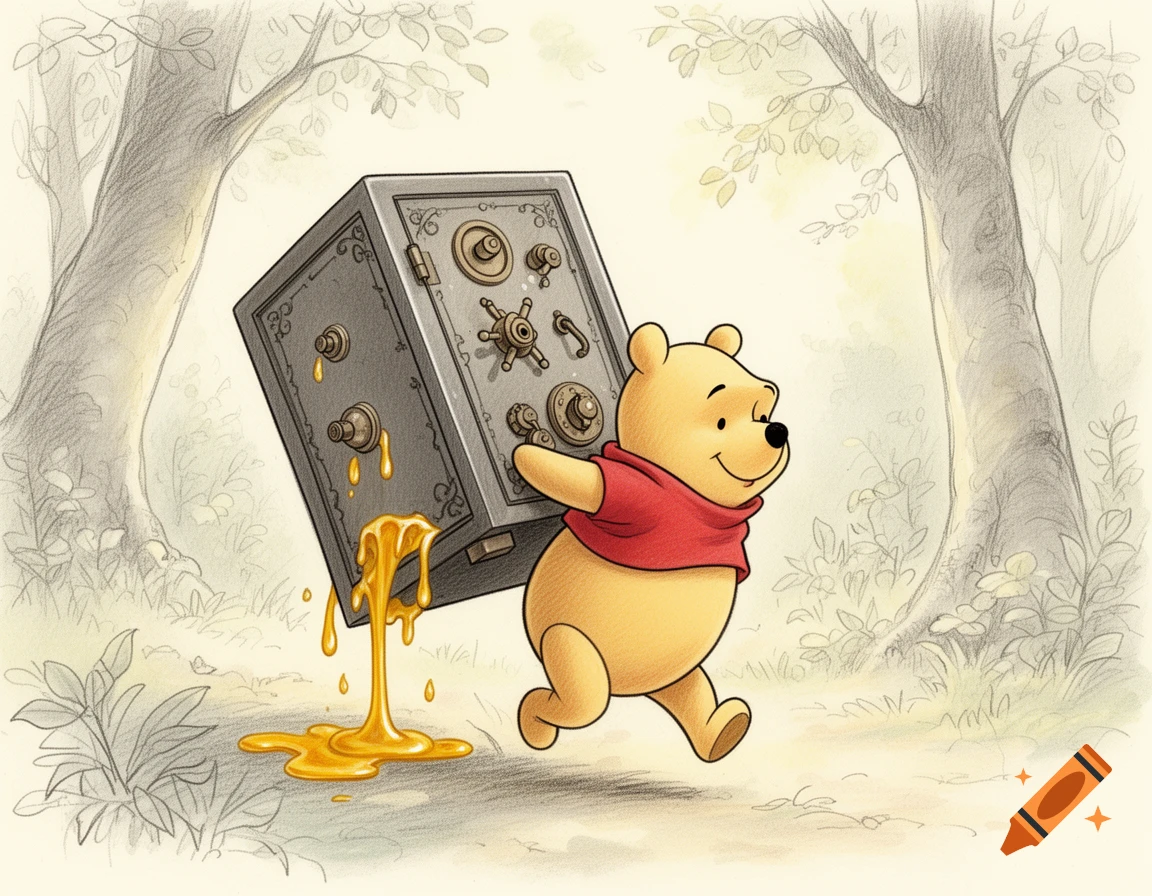 Winnie the Pooh, rendered in a sketch style, carries a gray safe from which golden honey spills onto the ground in a forest.
