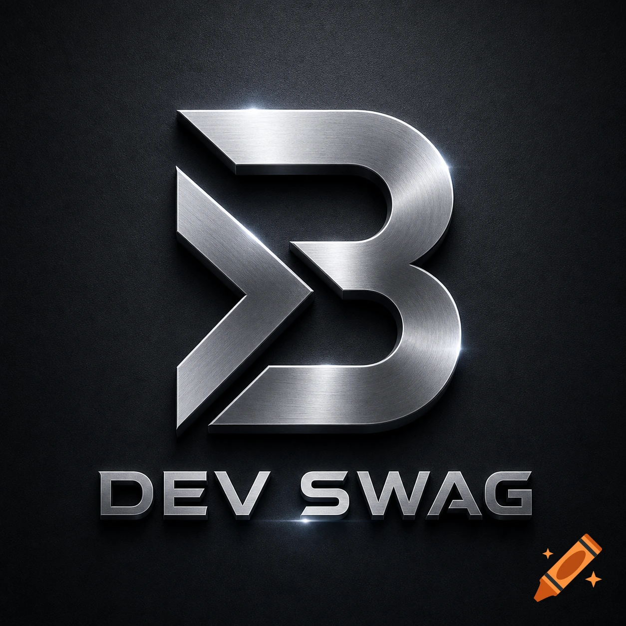A metallic silver logo featuring a stylized 'B' with an arrow-like element, above the text 'DEV SWAG' on a dark textured background.