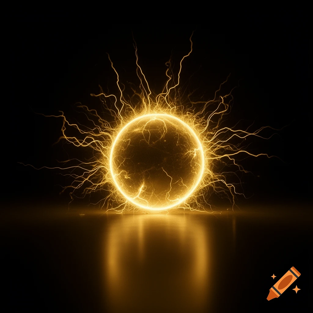 A bright golden sphere with electric plasma tendrils radiates outward, reflecting on a dark, glossy surface.