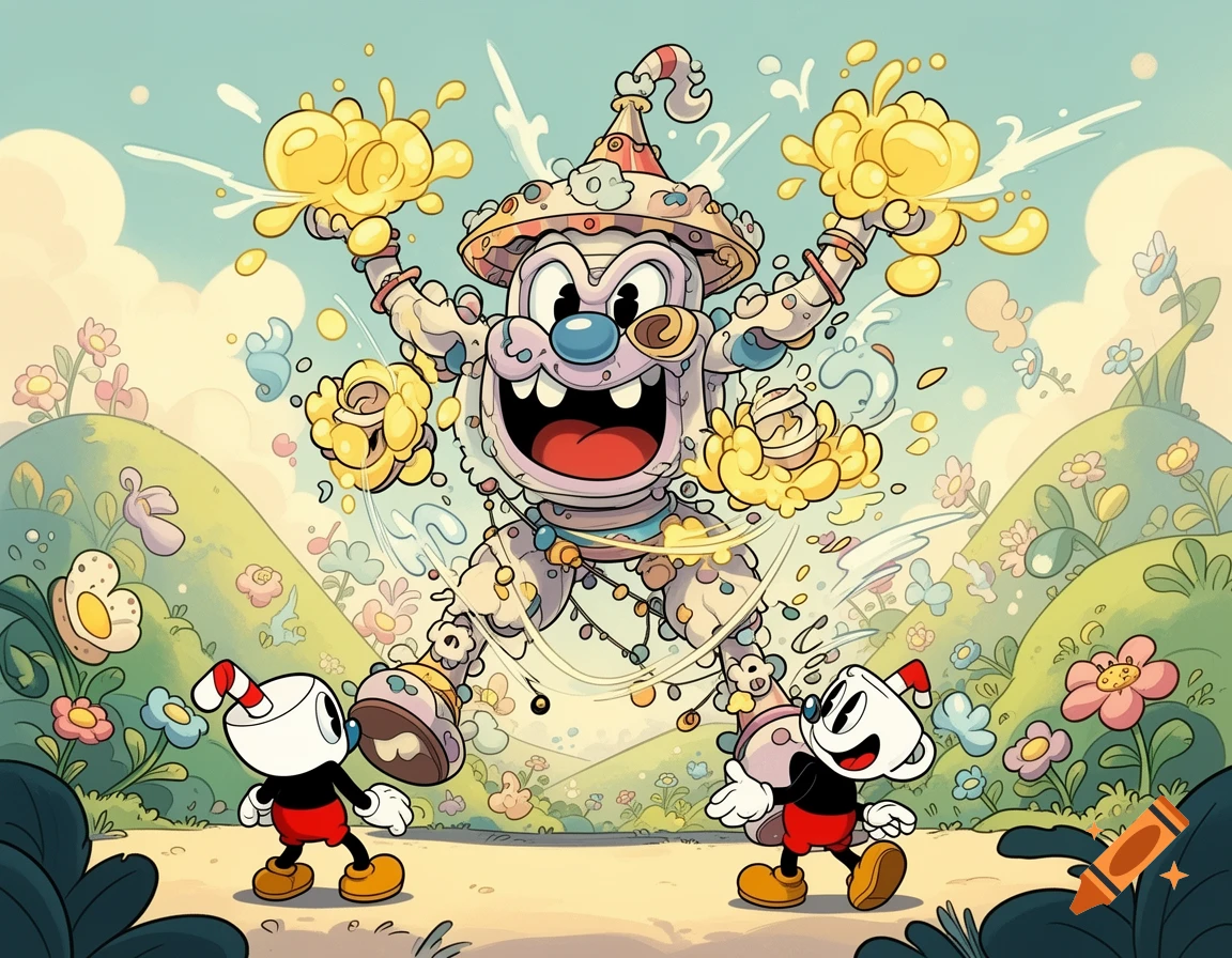 Two Cuphead-style characters look at a large, joyful, mushroom-headed boss spewing yellow liquid in a whimsical, flowery landscape.